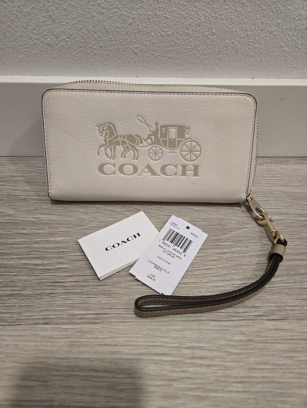 Coach White Leather Zip Wristlet Wallet with Coach Logo